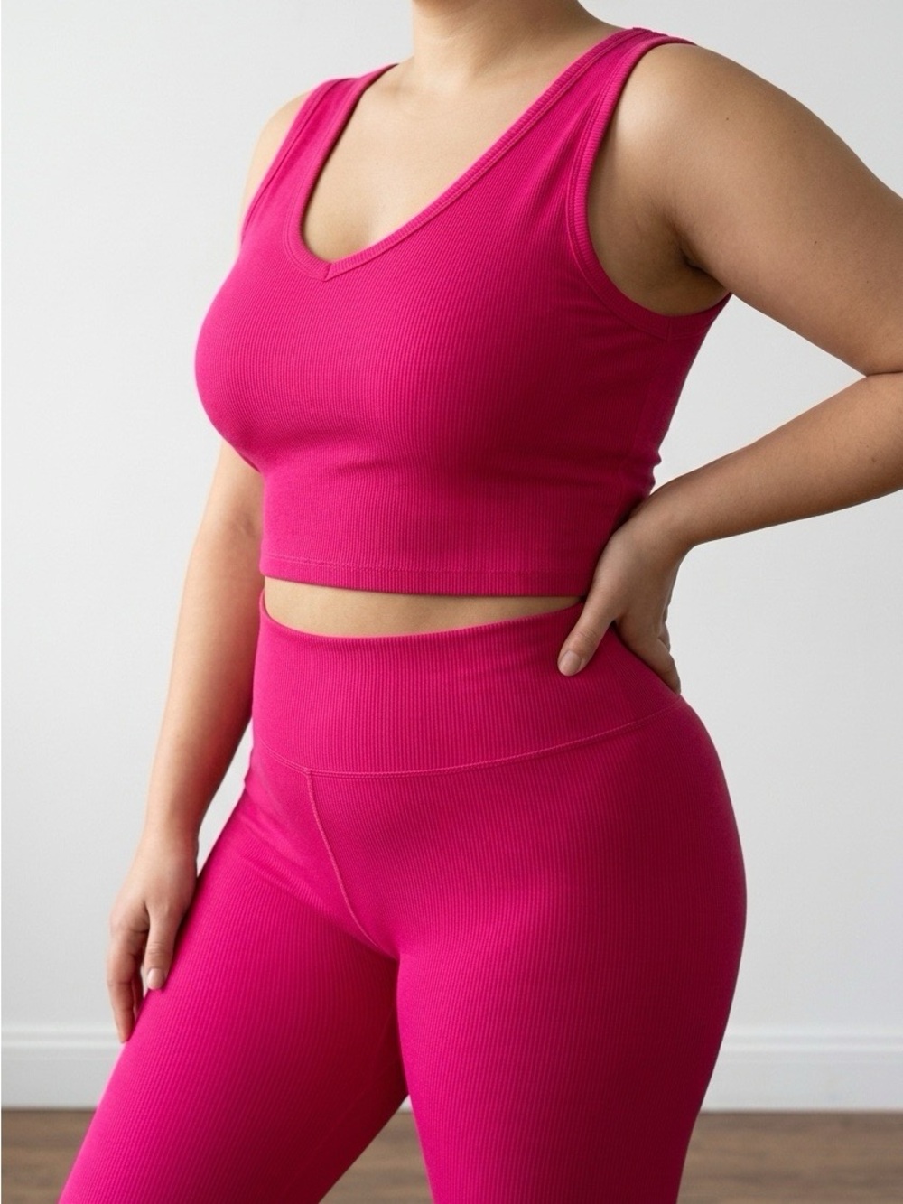 SHEIN Hot Pink Ribbed V-Neck Crop Tank